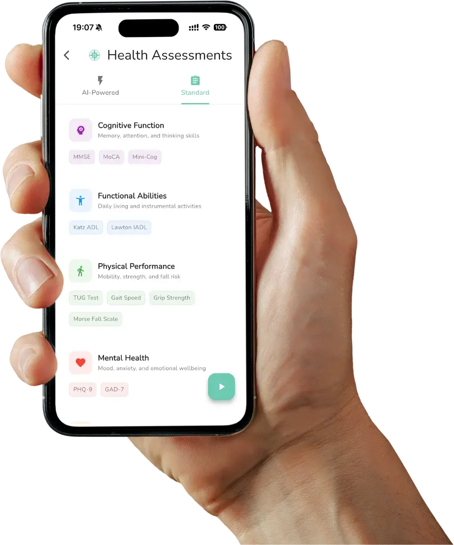 Elderwise caregiver app interface showing health assessment
